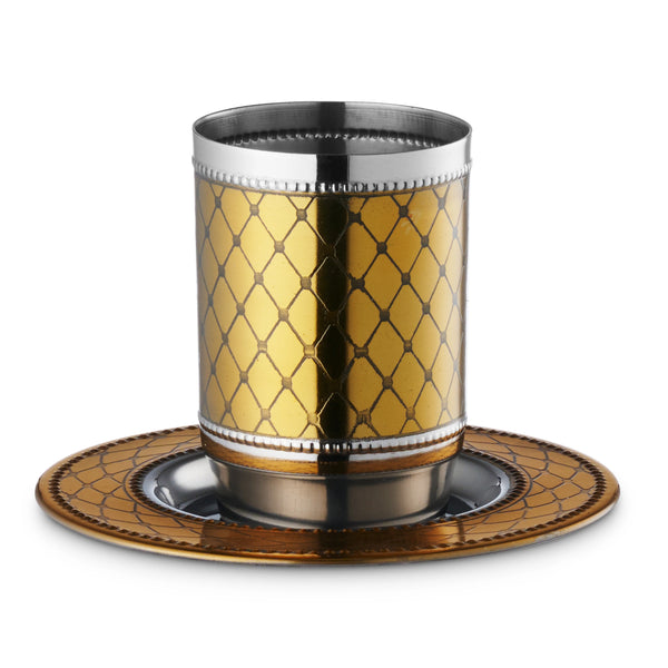 Kiddush Cup & Tray: Stainless Steel Diamond Beeded - Gold