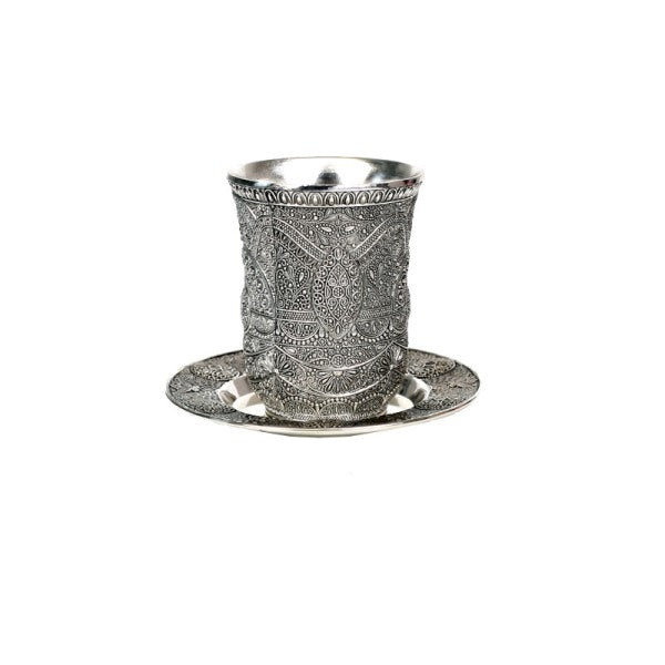 Kiddush Cup & Tray: Silver Plated Filigree Design
