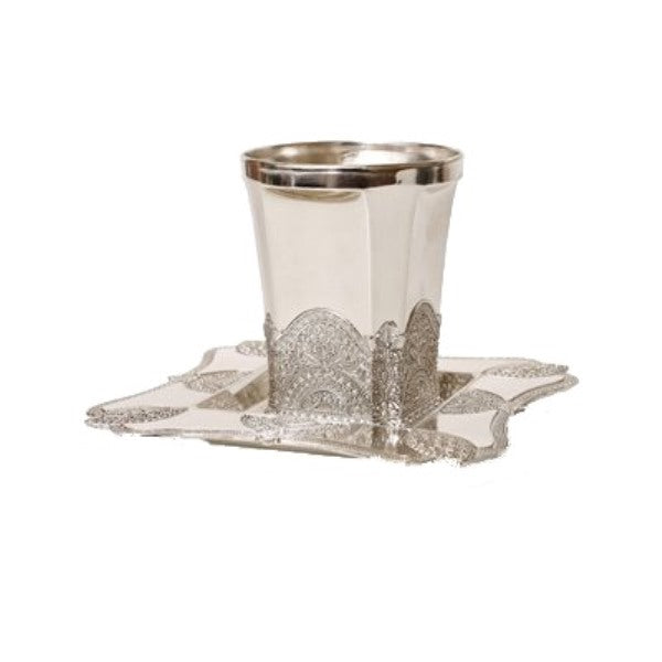 Kiddush Cup & Tray: Silver Plated Filigree Design