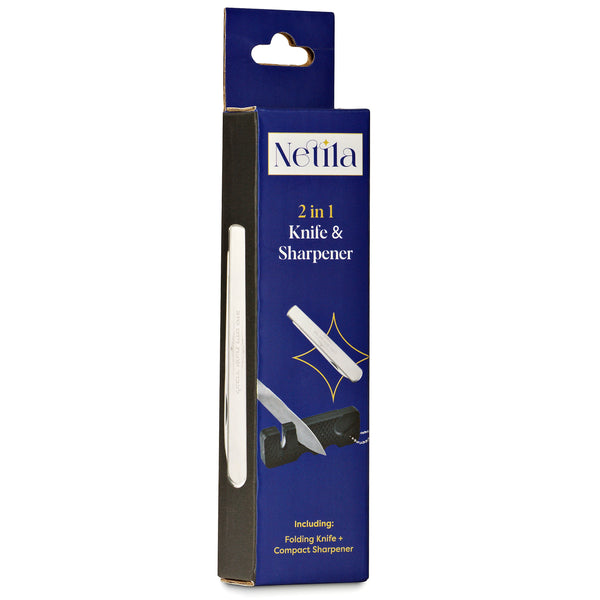 Shabbos & Yom Tov Folding Knife: Stainless Steel (Non-Serrated) & Sharpener 2-in-1