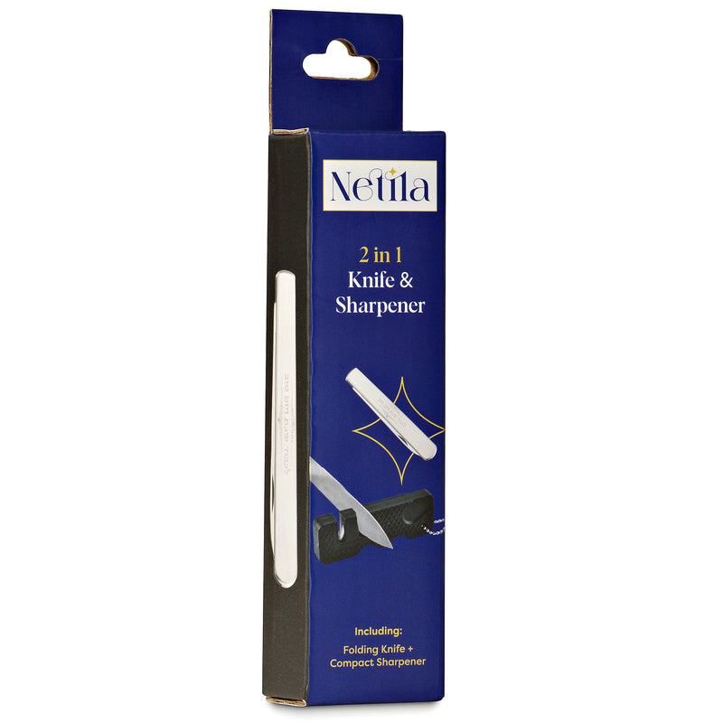 Shabbos & Yom Tov Folding Knife: Stainless Steel (Non-Serrated) & Sharpener 2-in-1