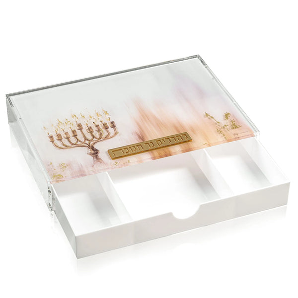Waterdale Collection: Lucite Menorah Tray with Drawer Painted by Batya