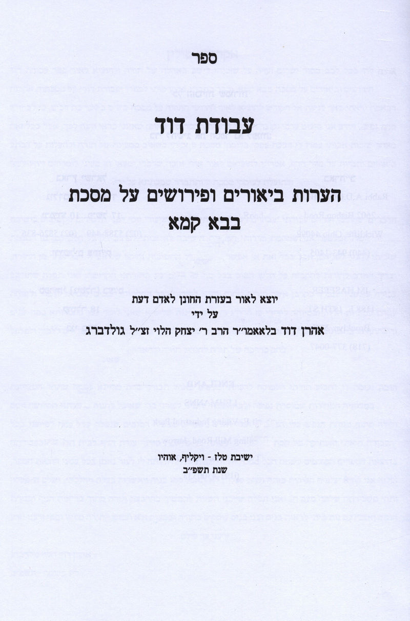 Sefer Avodas Dovid Al Maseches Bava Kamma - ספר עבודת דוד על מסכת בבא קמא