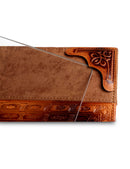 Challah Board: Leather Floral Design With Snaps And Glass - Cognac