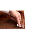 Challah Board: Cream Leather Stripe Design With Snaps And Glass - Silver