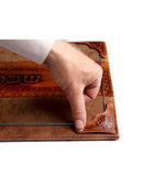 Challah Board: Cream Leather Stripe Design With Snaps And Glass - Cream