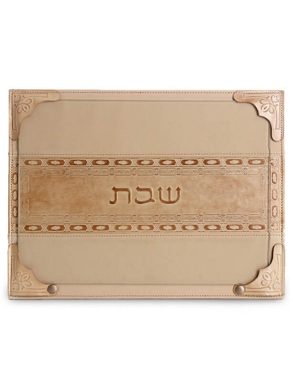 Challah Board: Cream Leather Stripe Design With Snaps And Glass - Cream