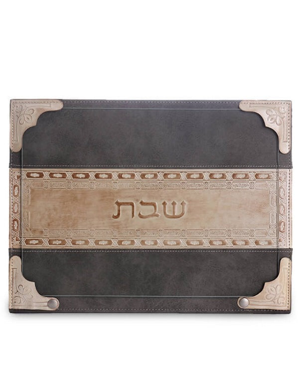 Challah Board: Cream Leather Stripe Design With Snaps And Glass - Silver