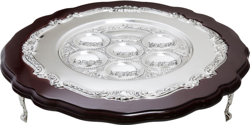 Seder Plate: Wood & Silver Plating With Stand - 12"