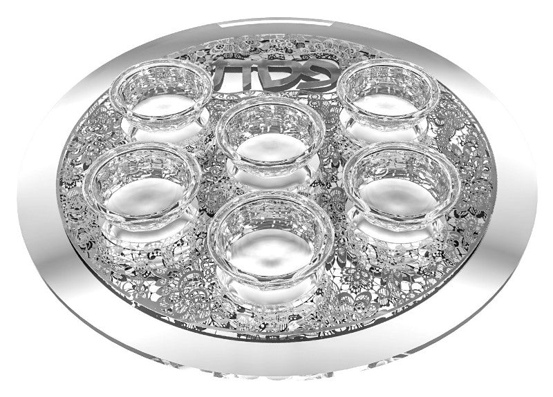 Seder Plate: Mirror And Glass With Jerusalem Design - Silver