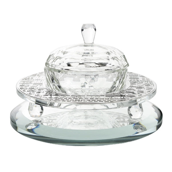 Honey Dish Set: Crystal & Sterling Silver Jerusalem Design