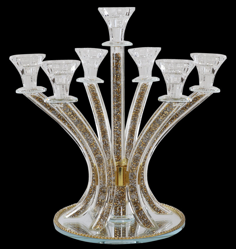 Candelabra: 7 Branch Crystal With Gold & Silver Crushed Glass - 14"