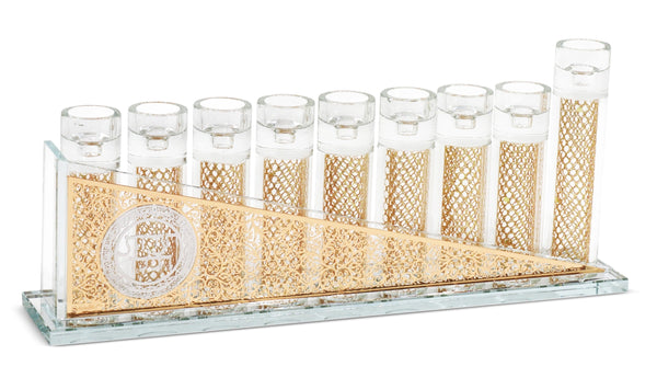 Chanukah Menorah: Crystal With Blessing Plates And Gold Fillings - Silver & Gold