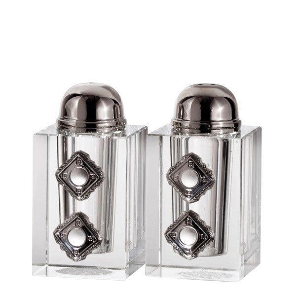 Salt & Pepper Shaker Set: Crystal & Silver Plated Diamond Design