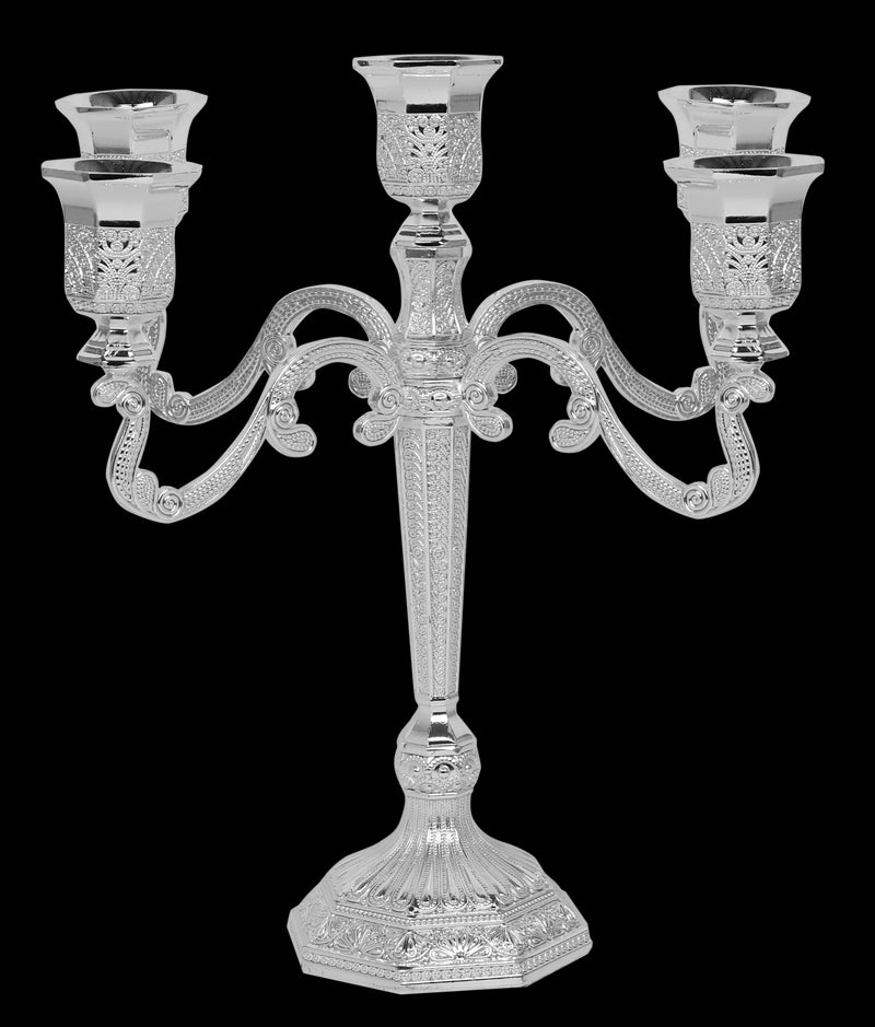 Candelabra: 5 Branch Silver Plated Filigree Design - 9"