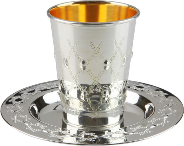 Kiddush Cup & Tray: Silver Plated Rope Grid Design