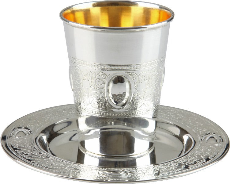 Kiddush Cup & Tray: Silver Plated Oval Band Design