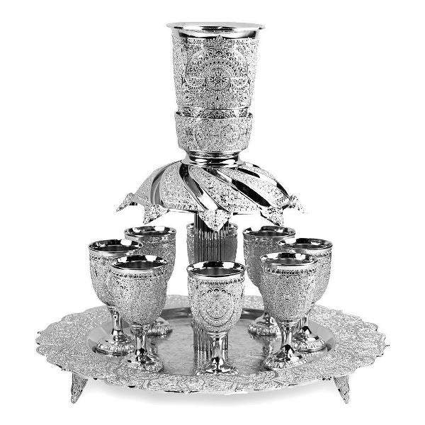 Kiddush Cup & Fountain: 8 Mini Cups Silver Plated Filigree Design