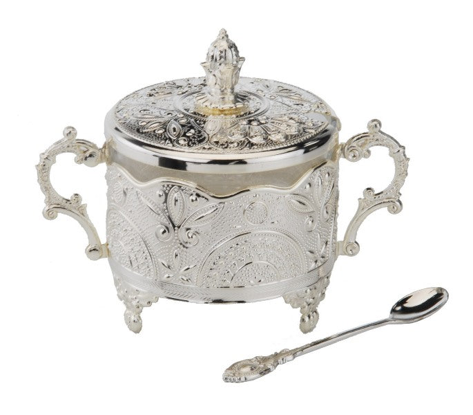 Honey Dish & Spoon: Silver Plated Filigree Design