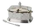 Honey Dish & Spoon: Silver Plated Filigree Design - Rectangle Shape