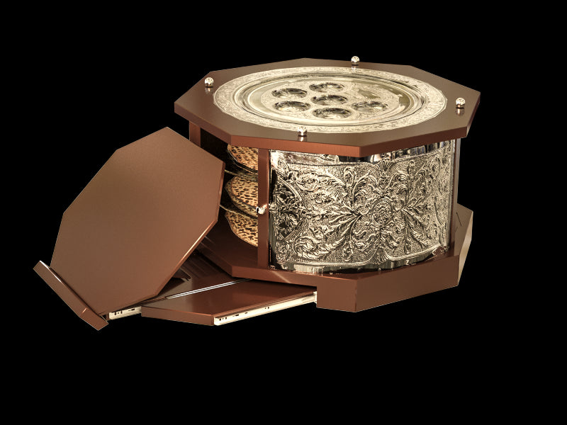 Seder Plate: "The Maggid Kaarah" 3 Tier Mahogany And Silver Plated With Retractable Shtender - 16"