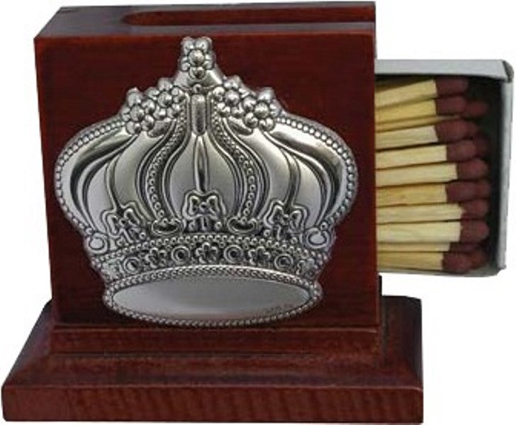 Matchbox Holder: Wood With Silver Crown Design