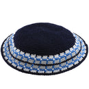 Yarmulka Knit Dmc 17Cm Blue With Blue And White Design Around