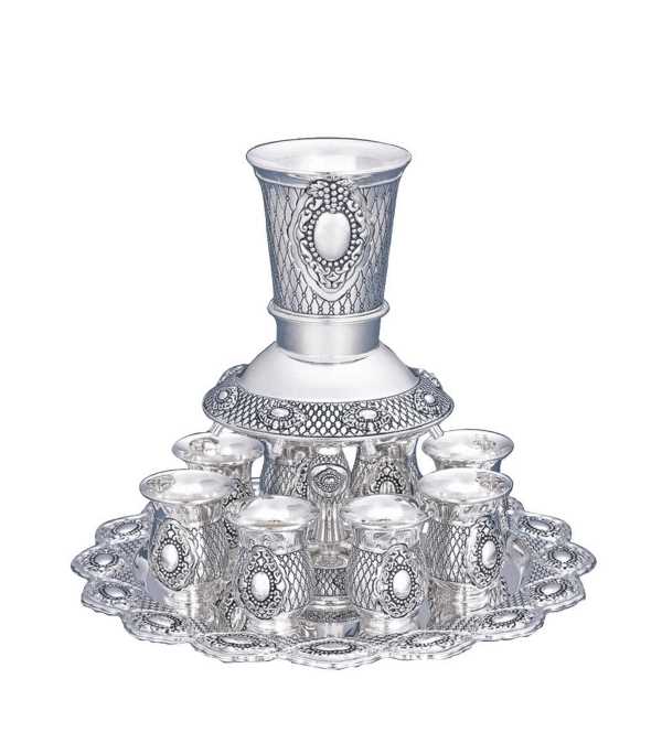 Kiddush Cup & Fountain: 8 Mini Cups Nickel Plated Diamond Design