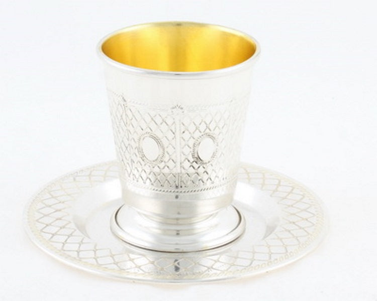 Kiddush Cup & Tray: Silver Plated Diamond Design