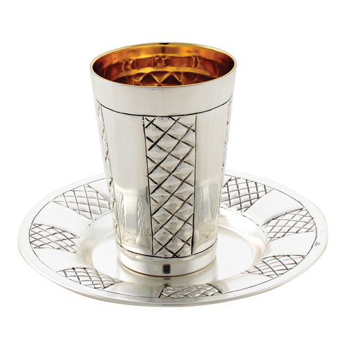 Kiddush Cup And Tray: Silver Plated Diamond Design