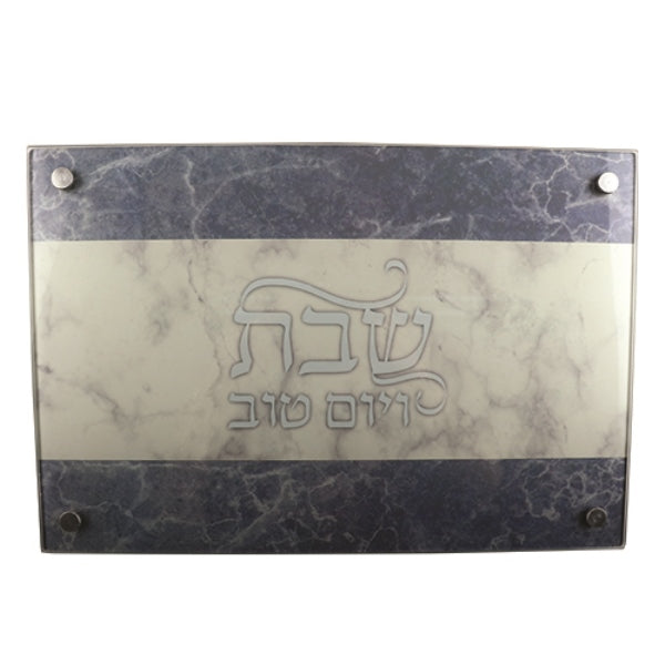 Challah Board: Glass Marble Design Off White And Grey With Legs