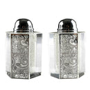 Salt & Pepper Shaker Set: Crystal With Metal Laser Cut Shabbos Kodesh Design