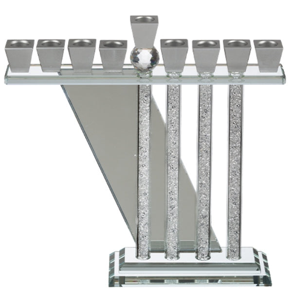 Chanukah Menorah: Crystal With Shattered Glass Fill Asymetrical Mirror Back