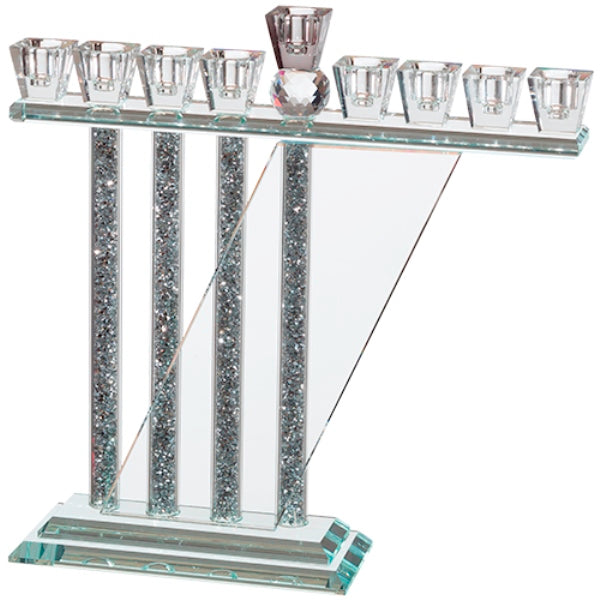 Chanukah Menorah: Crystal With Silver Shattered Glass Fill Asymetrical Back