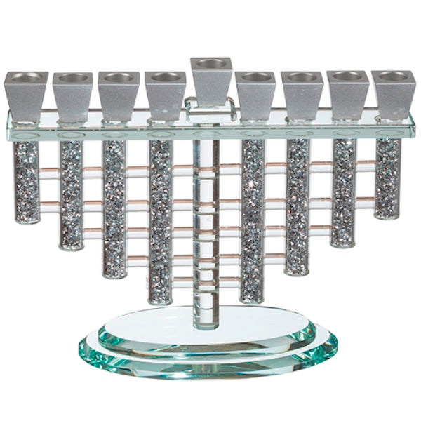 Chanukah Menorah: Crystal With Silver Shattered Glass Fill Silver Cups