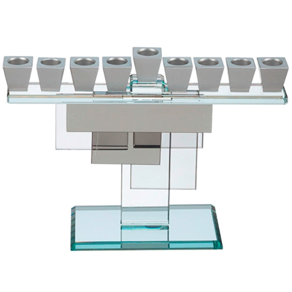 Chanukah Menorah: Crystal With Silver Cups Silver And Crystal Rectangle Geometric Base