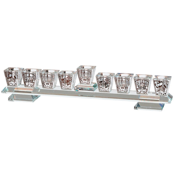 Chanukah Menorah: Crystal With Metal Plate Chanukah Design