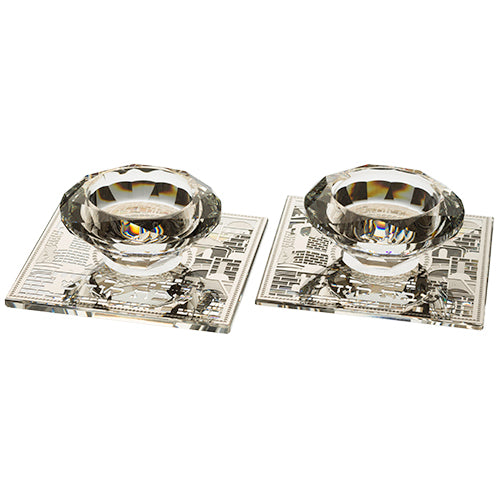 Candlestick Set: Crystal Tealight With Metal Plate Jerusalem