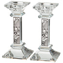 Candlestick Set: Crystal With Laser Cut Metal Plaque Jerusalem Design - 15Cm