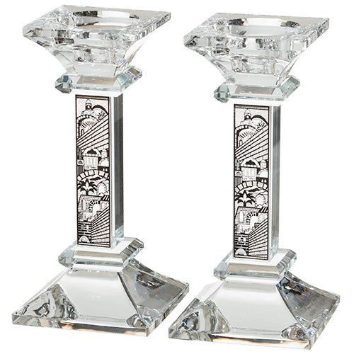 Candlestick Set: Crystal With Laser Cut Metal Plaque Jerusalem Design - 15Cm