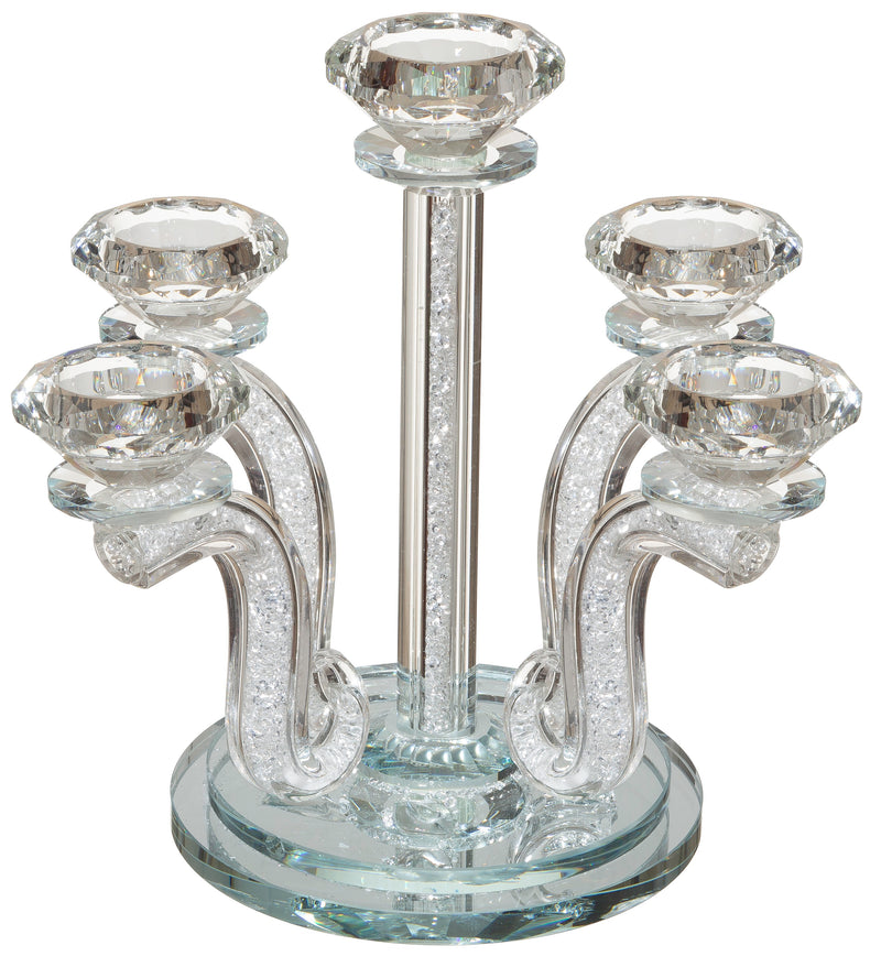 Tealight Candelabra: 5 Branch Crystal With Crushed Glass - 9.3"