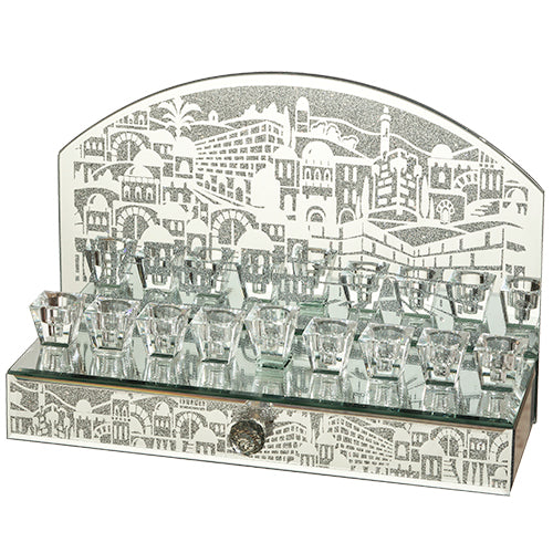 Chanukah Oil Menorah: Glass Drawer Glitter Jerusalem Design