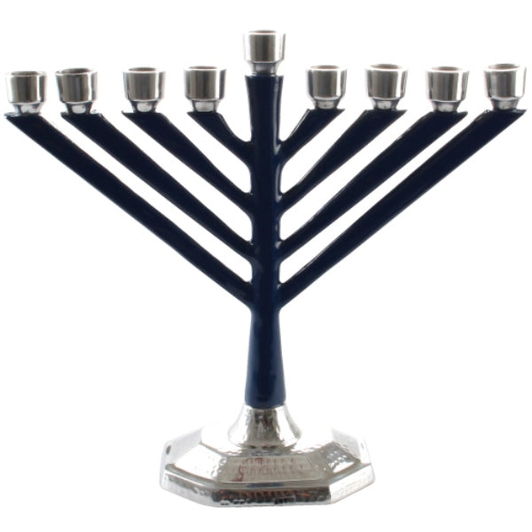 Chanukah Menorah: Chabad Style Silver Plated Hammered - Blue