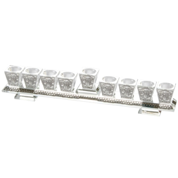 Chanukah Menorah: Crystal & Silver Plated Jerusalem Design