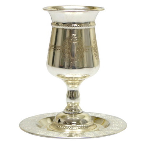 Stemmed Kiddush Cup With Tray: Silver Plated Ornaments Design