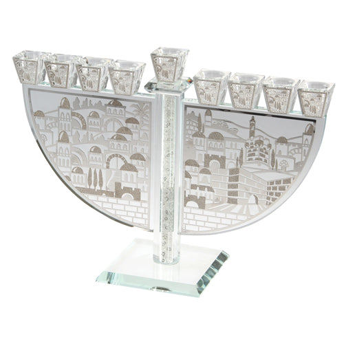 Chanukah Oil Menorah: Crystal Jerusalem Design With Crushed Glass - 11"