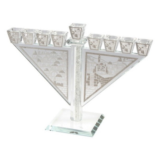 Crystal Menorah: Jerusalem Design - Silver Plated