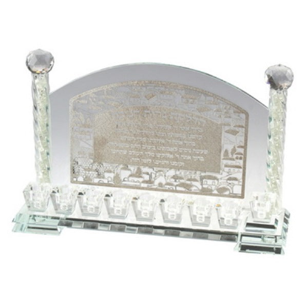 Wall Chanukah Menorah Crystal: Silver Plated Bracha Design