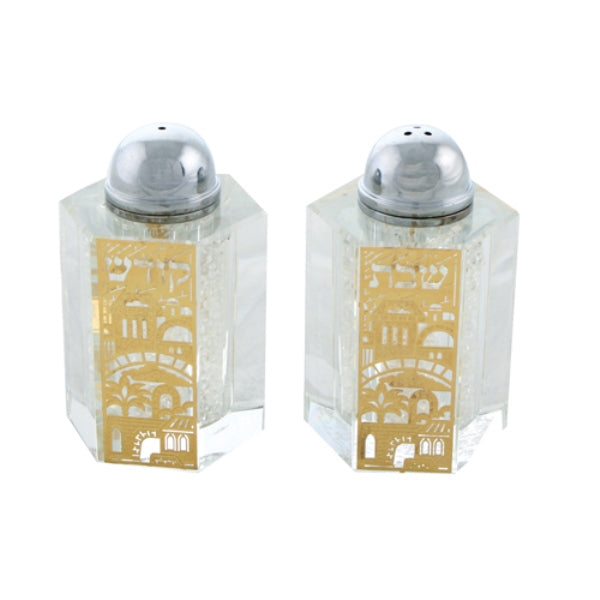 Salt & Pepper Shaker Set: Crystal & Gold Plated Jerusalem Design