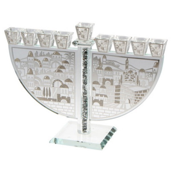 Crystal Menorah With Jerusalem Metal Plate